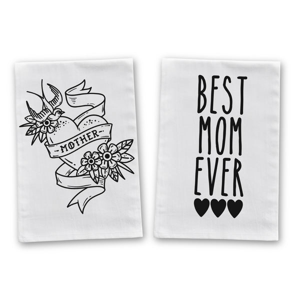 Best Mom Ever & Mother Heart Tattoo Funny Mama Kitchen Towels - 2 Pack