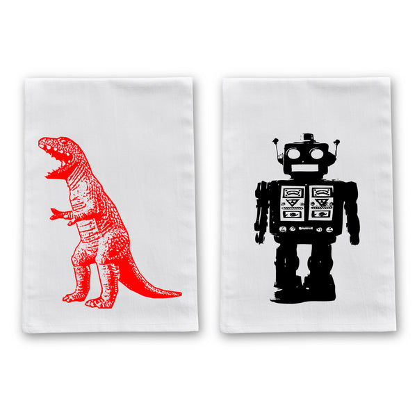 Geeky Robot & T-Rex Kitchen Towels - 2 Pack